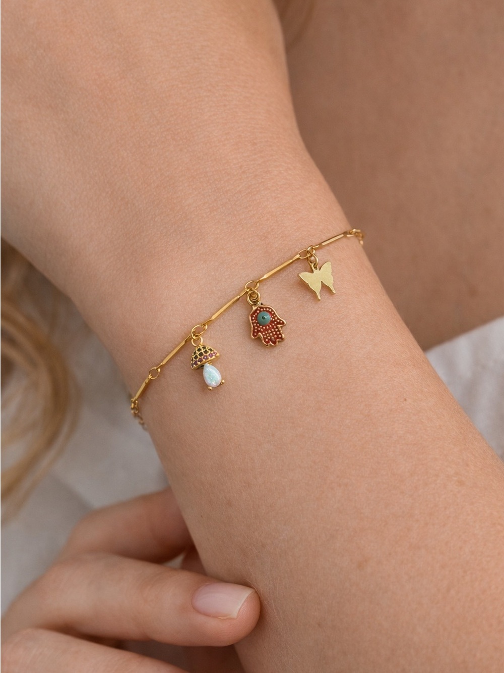 Gold-Tone Hamsa, Butterfly & Opal Drop Charm Bracelet - Gold